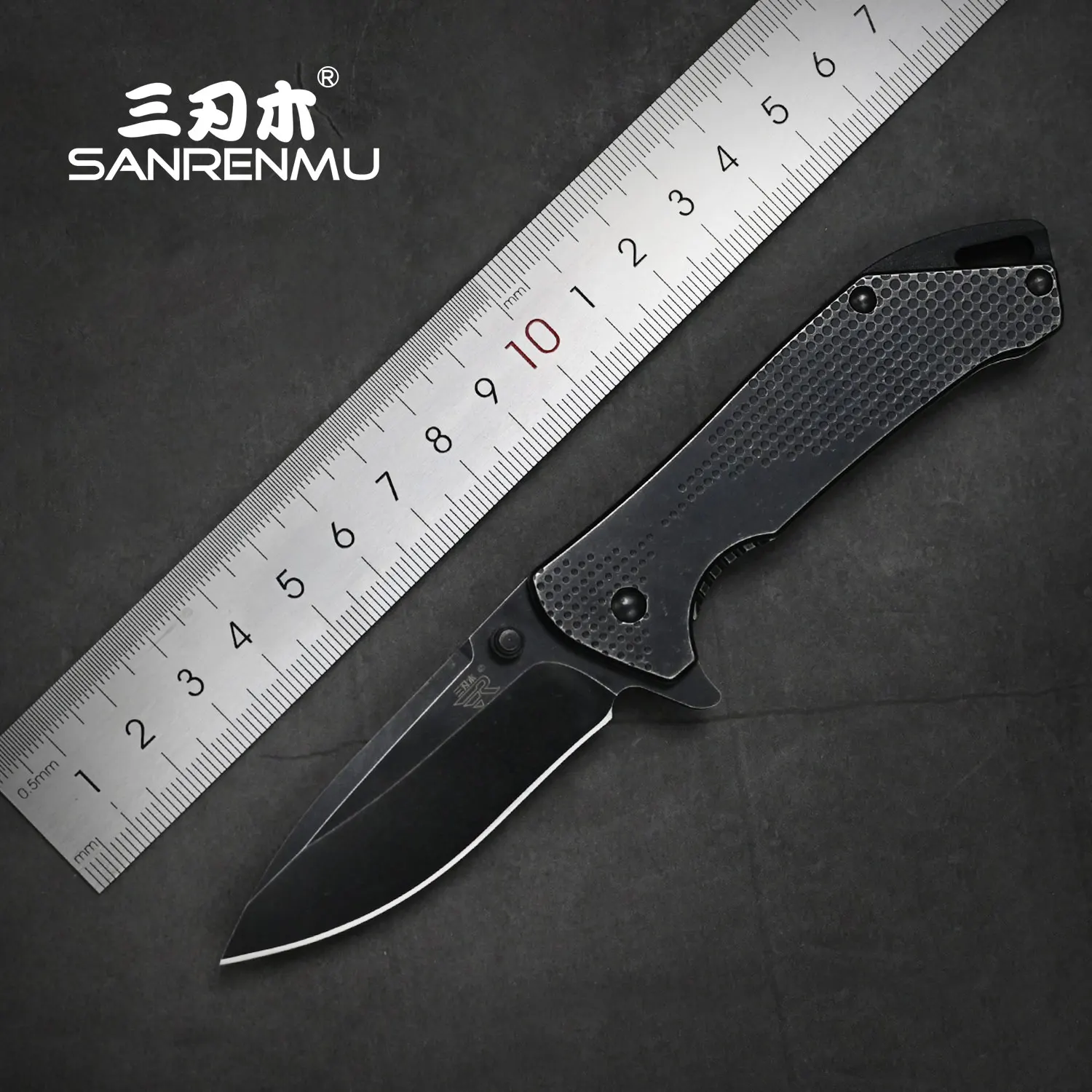 SANRENMU-cuchillo plegable de bolsillo para exteriores, herramienta con mango de acero inoxidable, hoja EDC 12C27, para acampada, caza, pesca, rescate, 7089