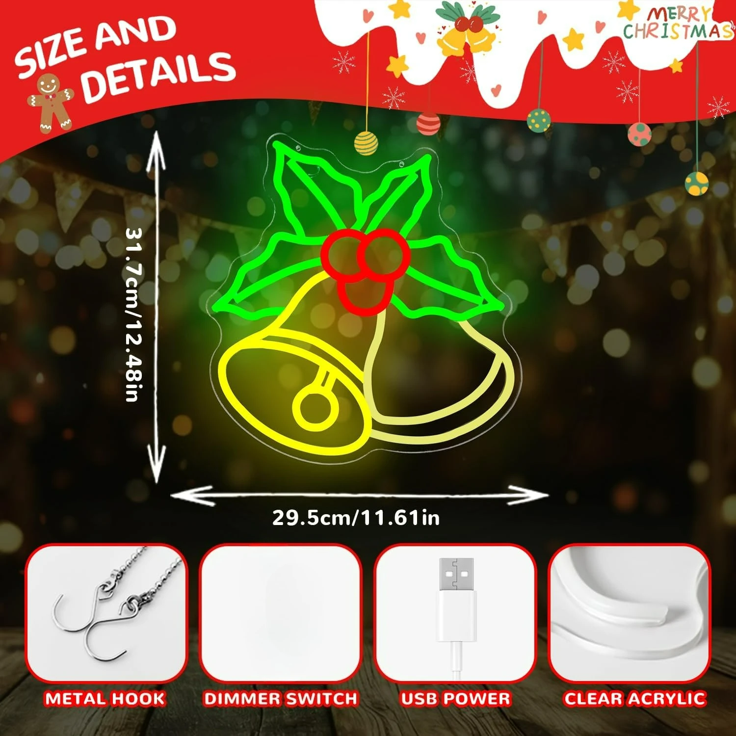 クリスマスベル ネオンサイン 壁飾り 調光可能 ネオンサイン 点滅ベル ホーリー付き LEDサイン クリスマスライトアップサイン ホームパーティー用