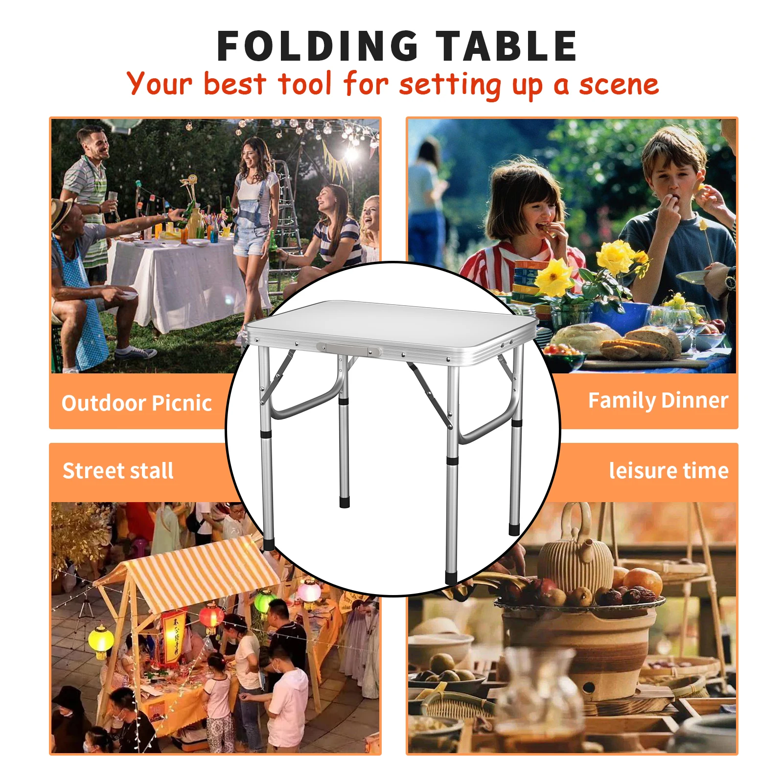 Portable folding table 60x45cm, 2 adjustable heights, light aluminium camping table for laptops, beds, sofas, picnics, beaches