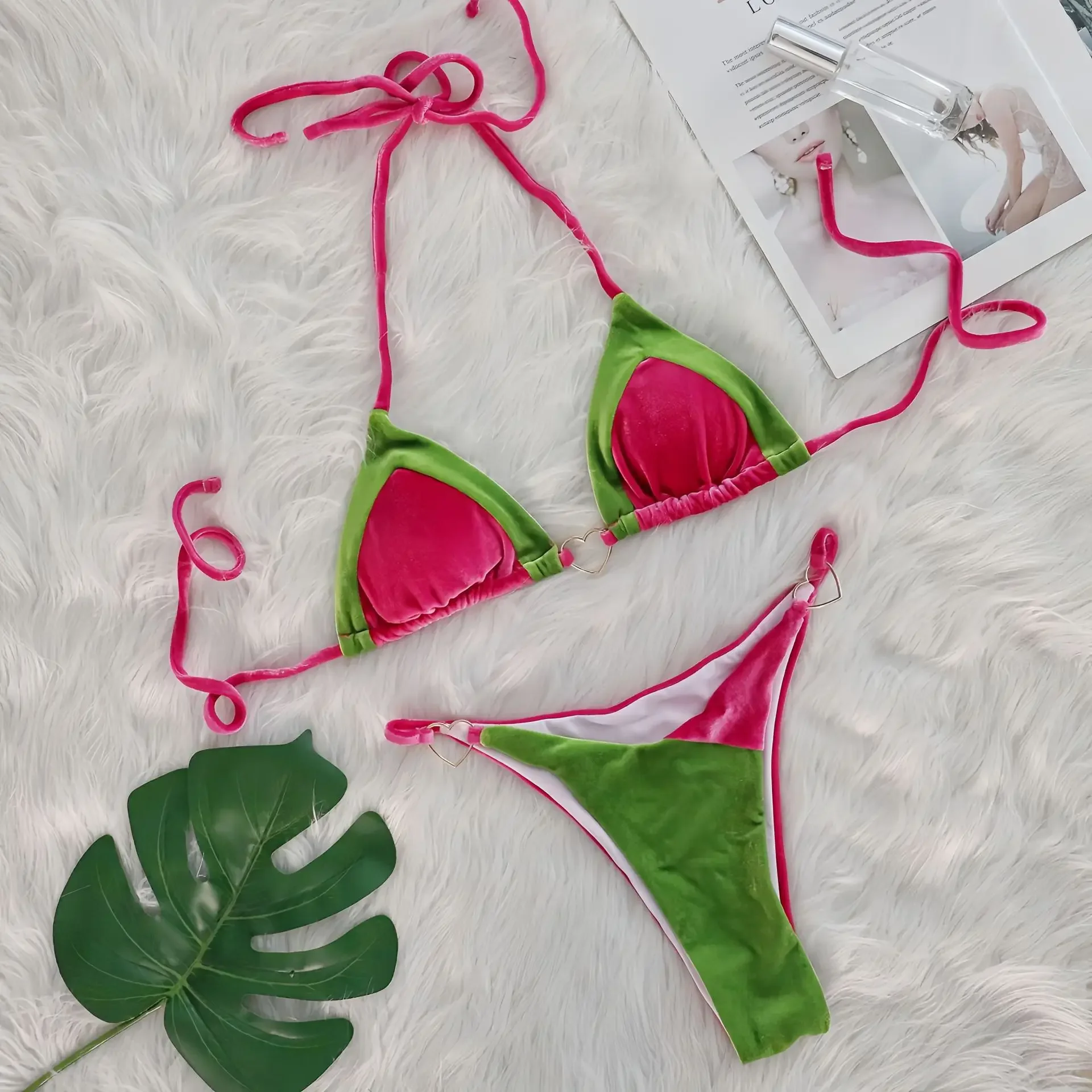 

Сексуальное бархатное бикини 2025 Mujer, женское металлическое украшение в форме сердца, зеленый ярко-розовый лоскутный купальник с эффектом пуш-ап, купальный костюм, стринги, купальник
