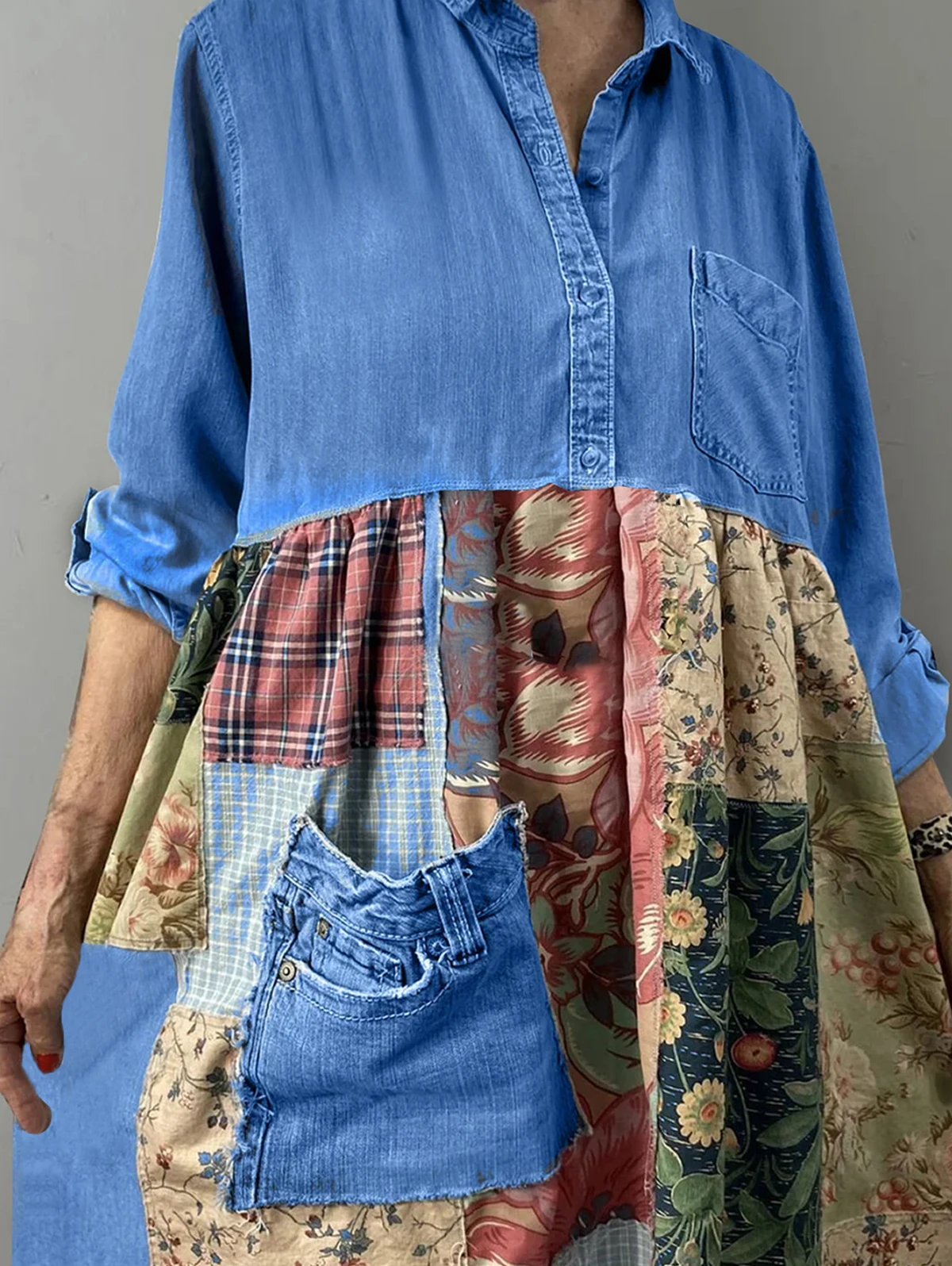 Vrouwen Lange Mouw Boho Patchwork Turn-Down Kraag Enkele Rij Denim Shirt Stijl Midi Jurk Herfst Vestidos Casual Jurken