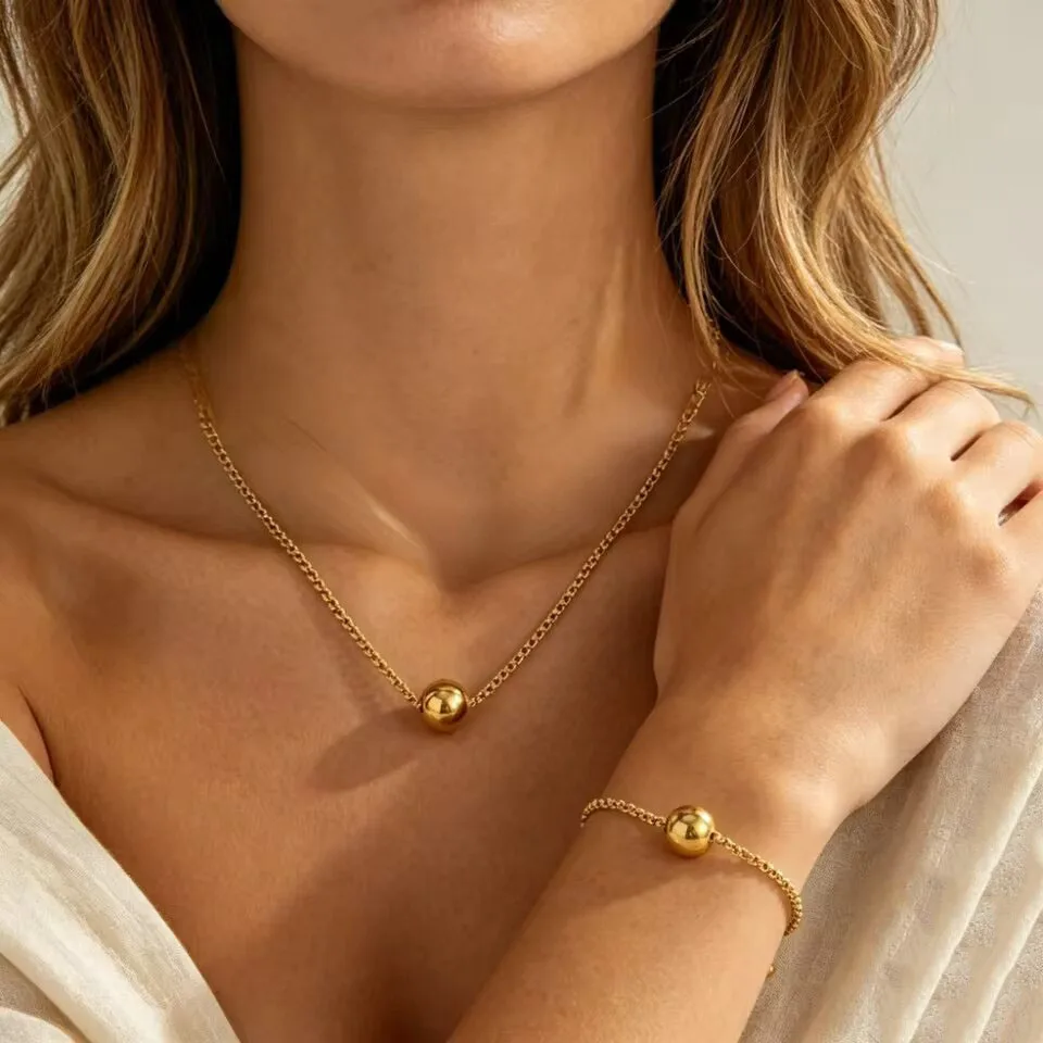 Simple Stainless Steel Gold Color Bead Ball Chain Necklace Bracelets Set for Women Drawstrings Adjustable Jewelry Set Gifts