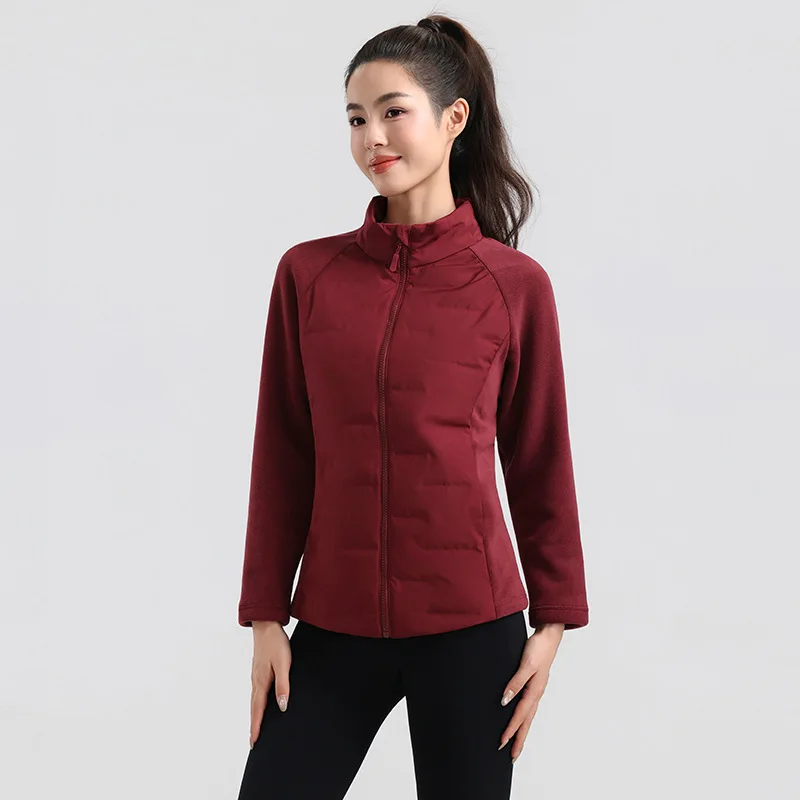 Pequena cintura outono e inverno gola alta leve pato branco para baixo jaqueta feminina emendado forro interno esportes corrida