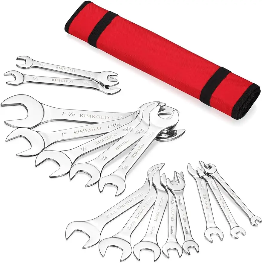 

Super-Thin Open End Wrench Set, 16-Piece SAE & Metric 3/8" to 1-1/4" and 5.5mm to 27mm Chrome Vanadium Steel Wrench Set