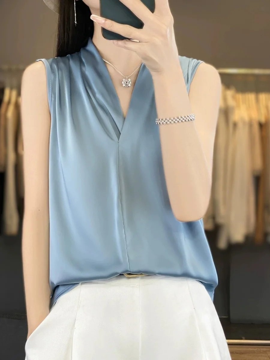 Ele V-Ne Silk Acetate Satin Women's Tank Top Svel Summer irt Inner Wear Casual Comfortable Loose Fit  Color