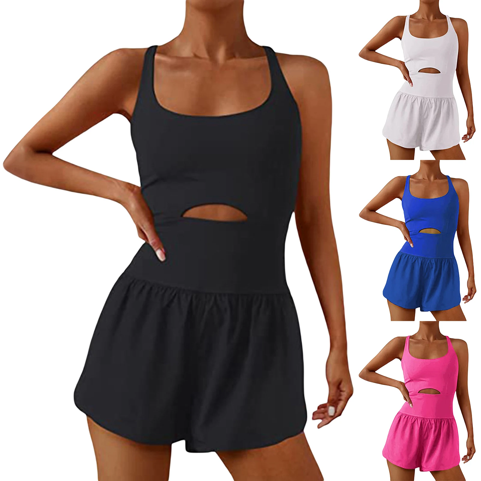 

Lairauiy Women's Solid Color Cutout Sporty Playsuits Sleeveless Running Short Jumpsuits Summer Cross Backless Romper Tracksuits