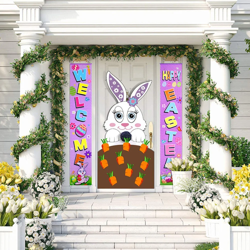 1Pair Easter Door Banners Premium Material Hanging Welcome Banner Door Curtain Porch Sign Easter Day Decorative Couplet