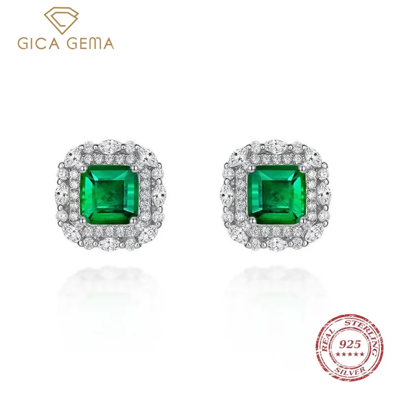 Gica Gema 100% 925 Sterling Silver Emerald High Carbon Diamond Stud Earrings For Women Sparkling Wedding Party Fine Jewelry Gift