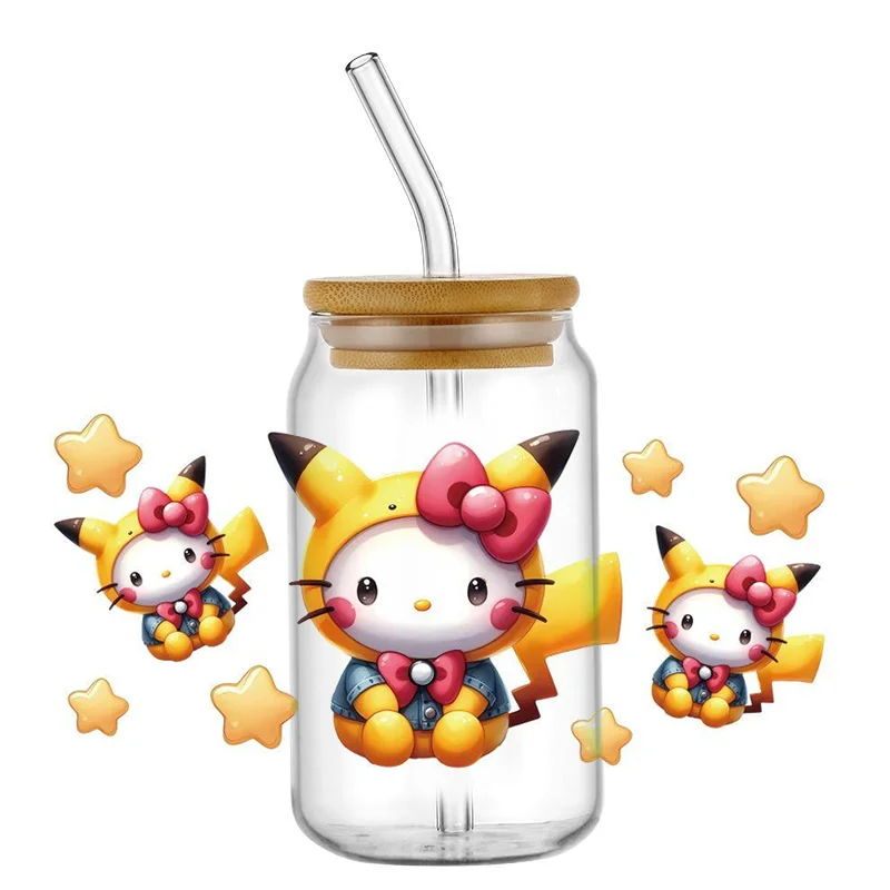 MIniso Cartoon Cat UV DTF Transfer Glass Sticker Waterproof Transfers Hello Kitty Decals for 16oz Glass Cup Wrap Stickers