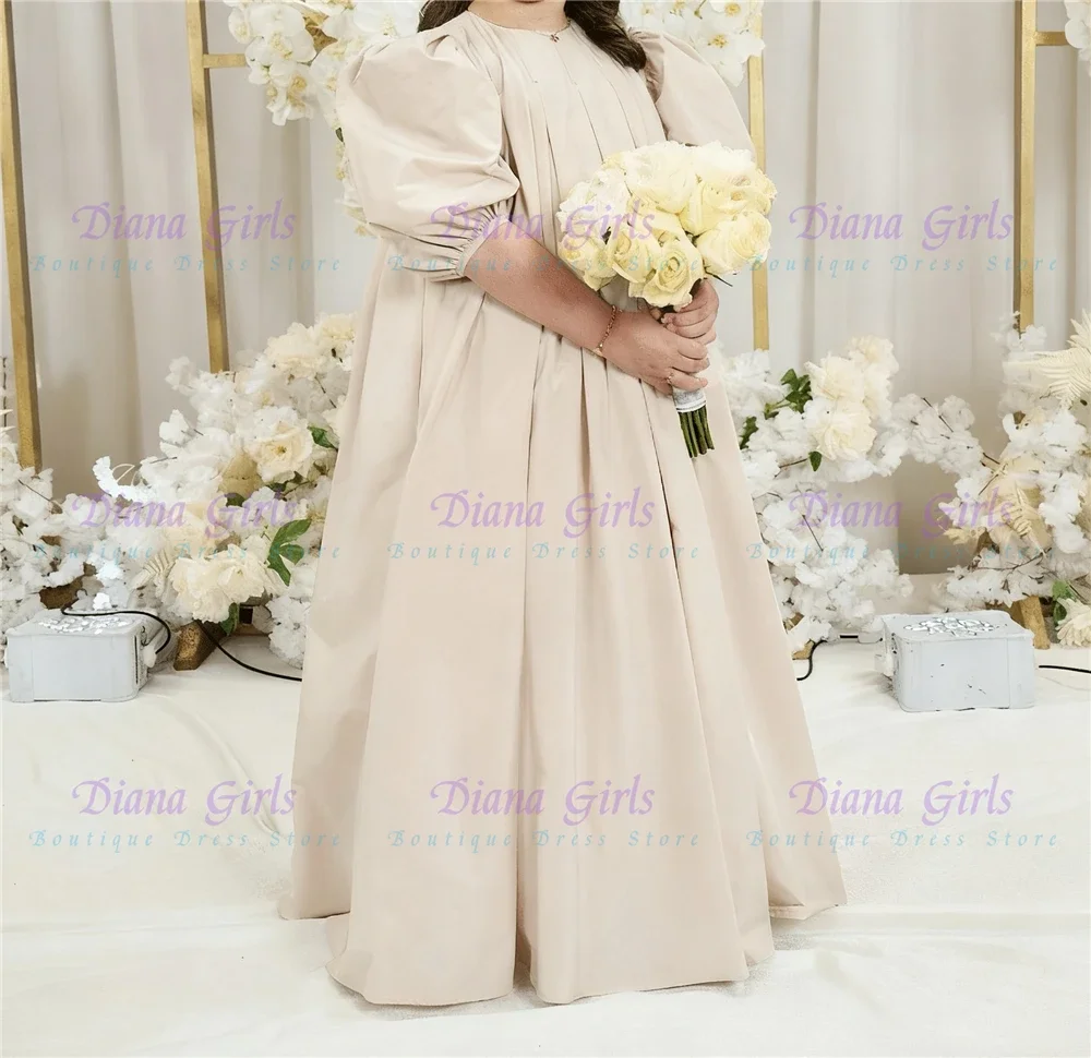 Quality Pleated Design Flower Girl Dress Exquisite Champagne Pink Satin Fluffy A-Line for Kids Birthday Party Evening Ball Gowns