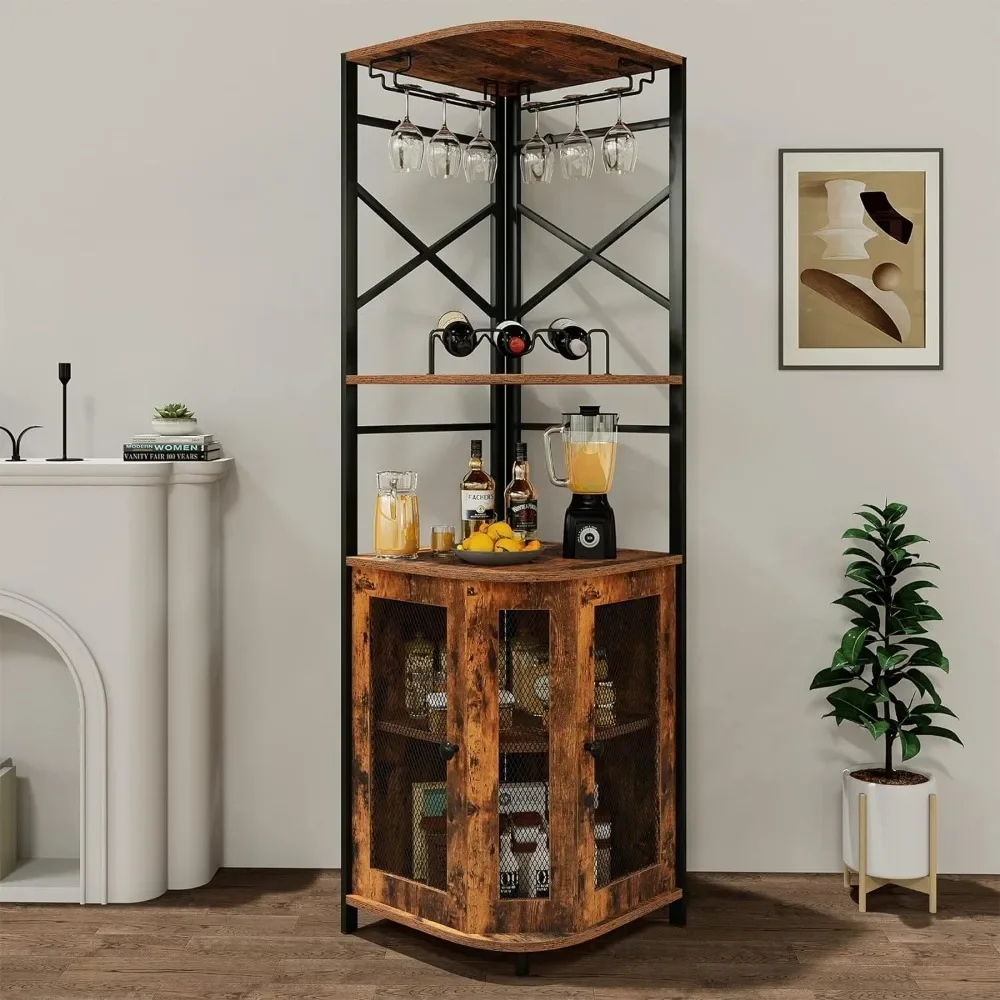 Bar Cabinet w/Wine Rack and Glass Holder, Corner Cabinet , Corner Bar Cabinet with Adjustable Shelf, Liquor Cabinets Bar