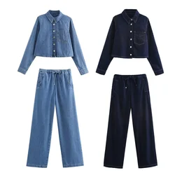 2024 Autumn New  Product Fashion Women's  Wear Collar Denim Long Sleeve Shirt Casual Denim Pants Set