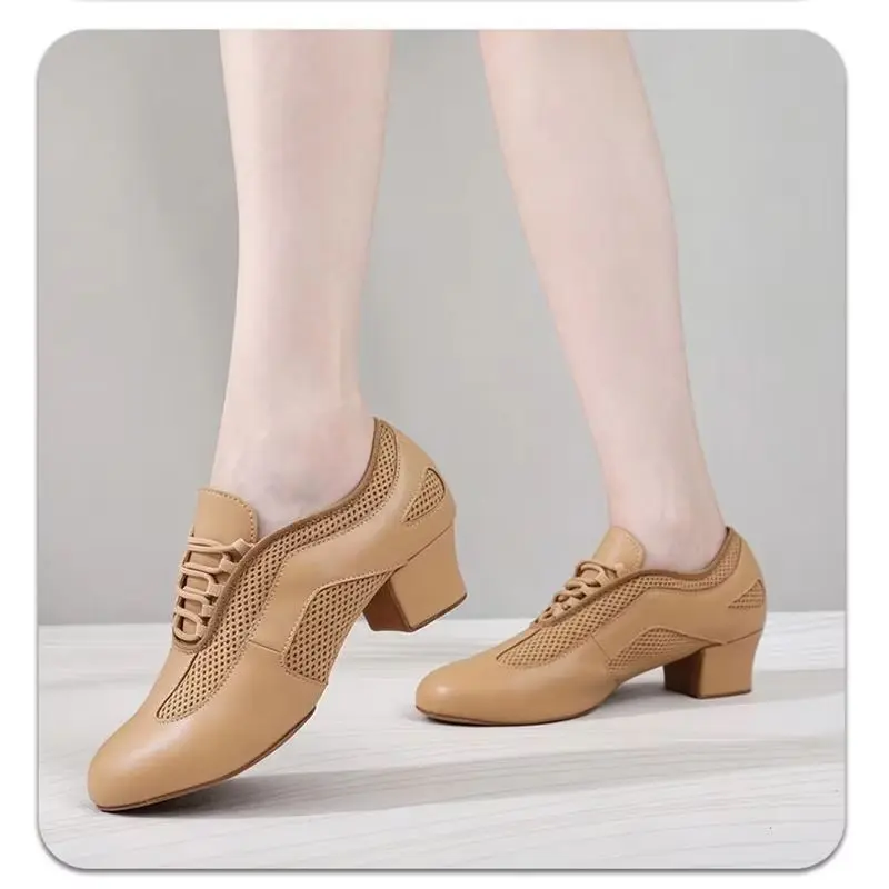 Women's Dance Shoes 3.5Cm Low Heel Comfortable Breathable Mesh Suede Leather Sole Dance Shoes Lightweight Durable Dance Shoes