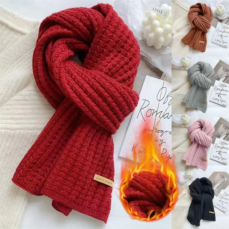 Winter Thickened Thermal Knitted Scarf for Women Men Solid Color Korean Warmer Long Size Scarve Christmas New Year Gifts Unisex