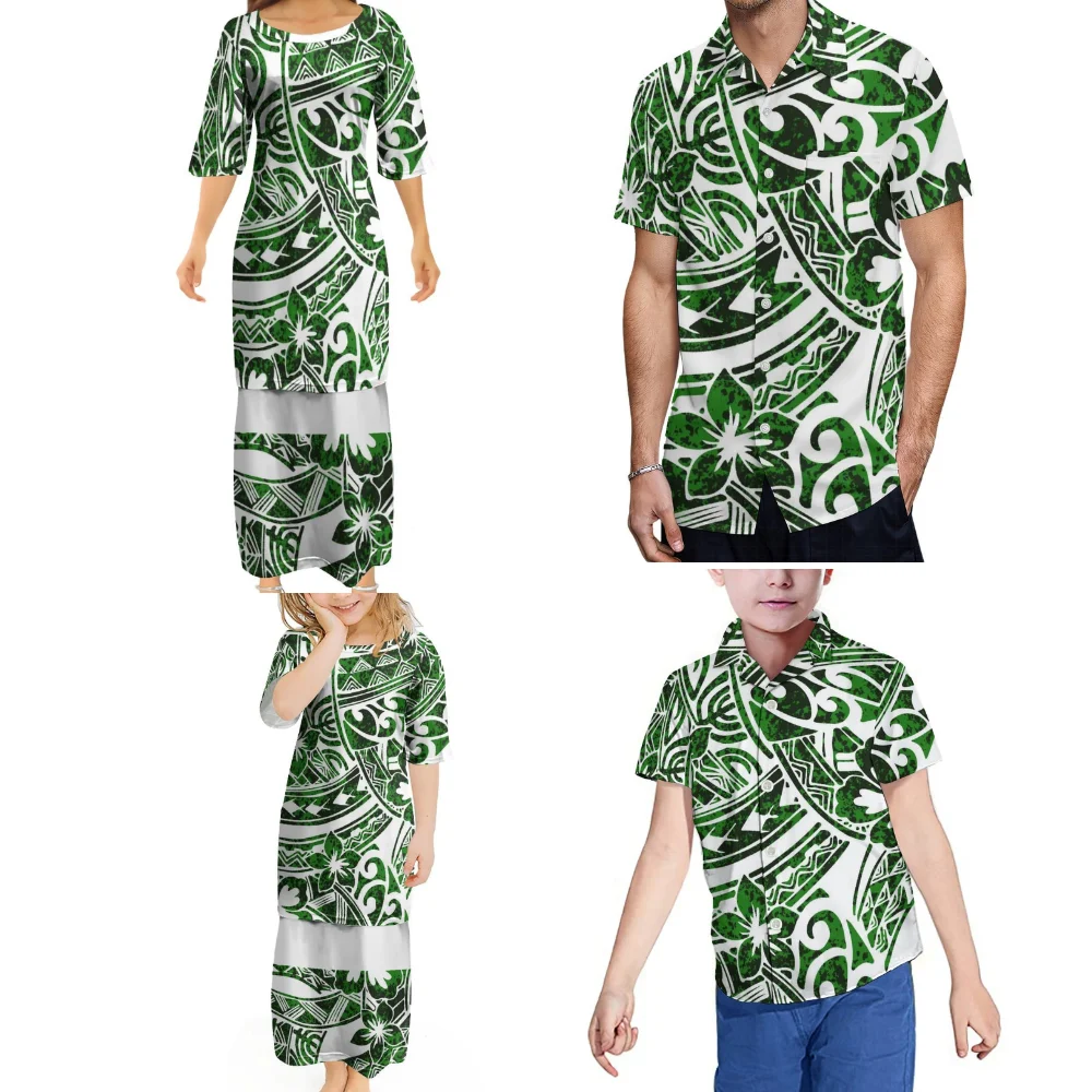 Samoa Flower Print Custom Adult Child Family Clothing Polynesian Family Party Set Women Girls Puletasi Men Boys Hawaiian Shirt