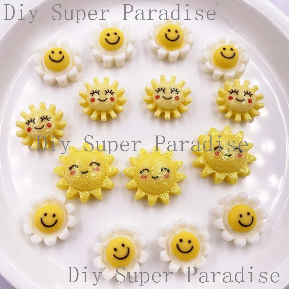 Kawaii Resin Glitter Colorful Smile Sunflower Figurines Flat back Cabochon Stone DIY Scrapbooks Decor Jewelry Crafts Accessories