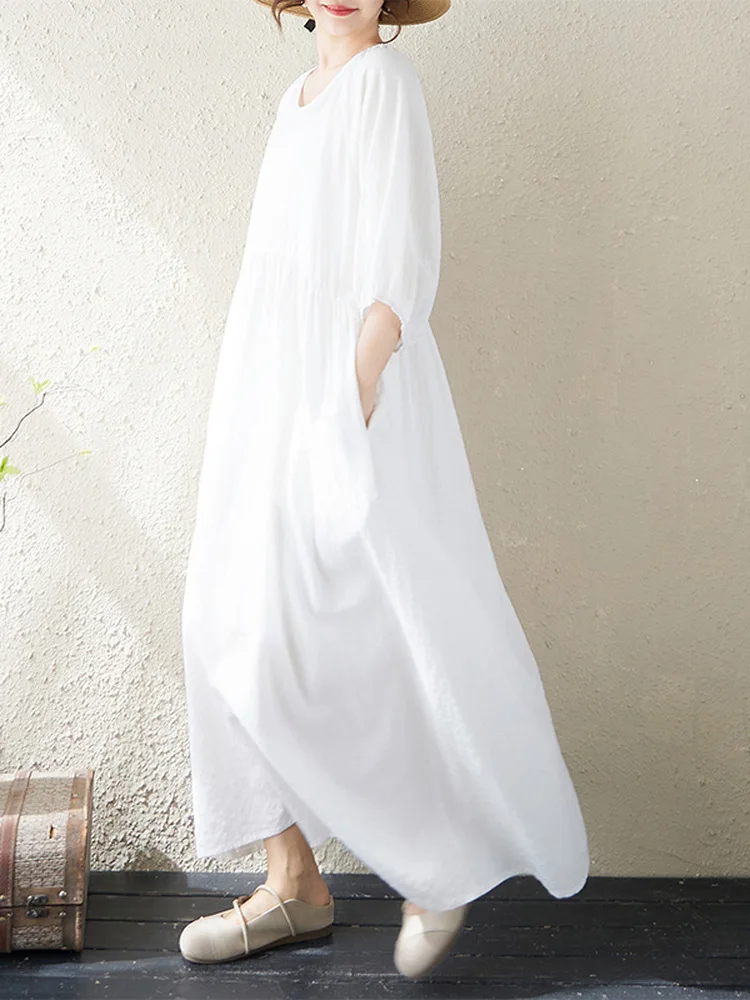 

Elegant Simple White Double Layer Cotton Dress Women Summer Loose plus Size Long A-Line Skirt Breathable Casual High Waist