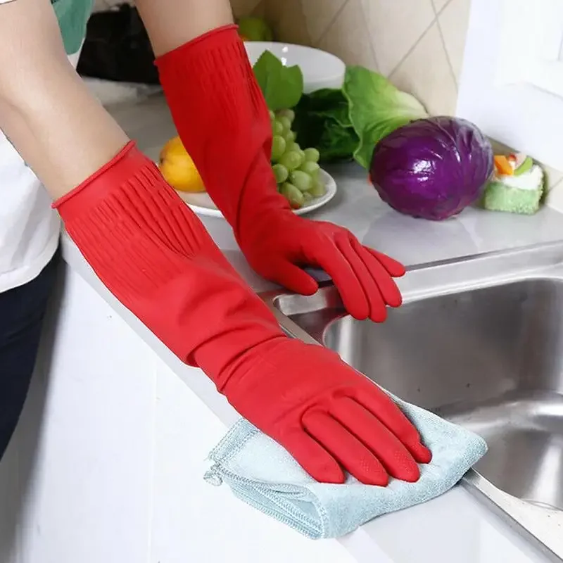 1/2/4PCS Flexible Comfortable Rubber Clean Gloves Red Dish Washing Long Home Bathroom Cleaning Kitchen Accessories