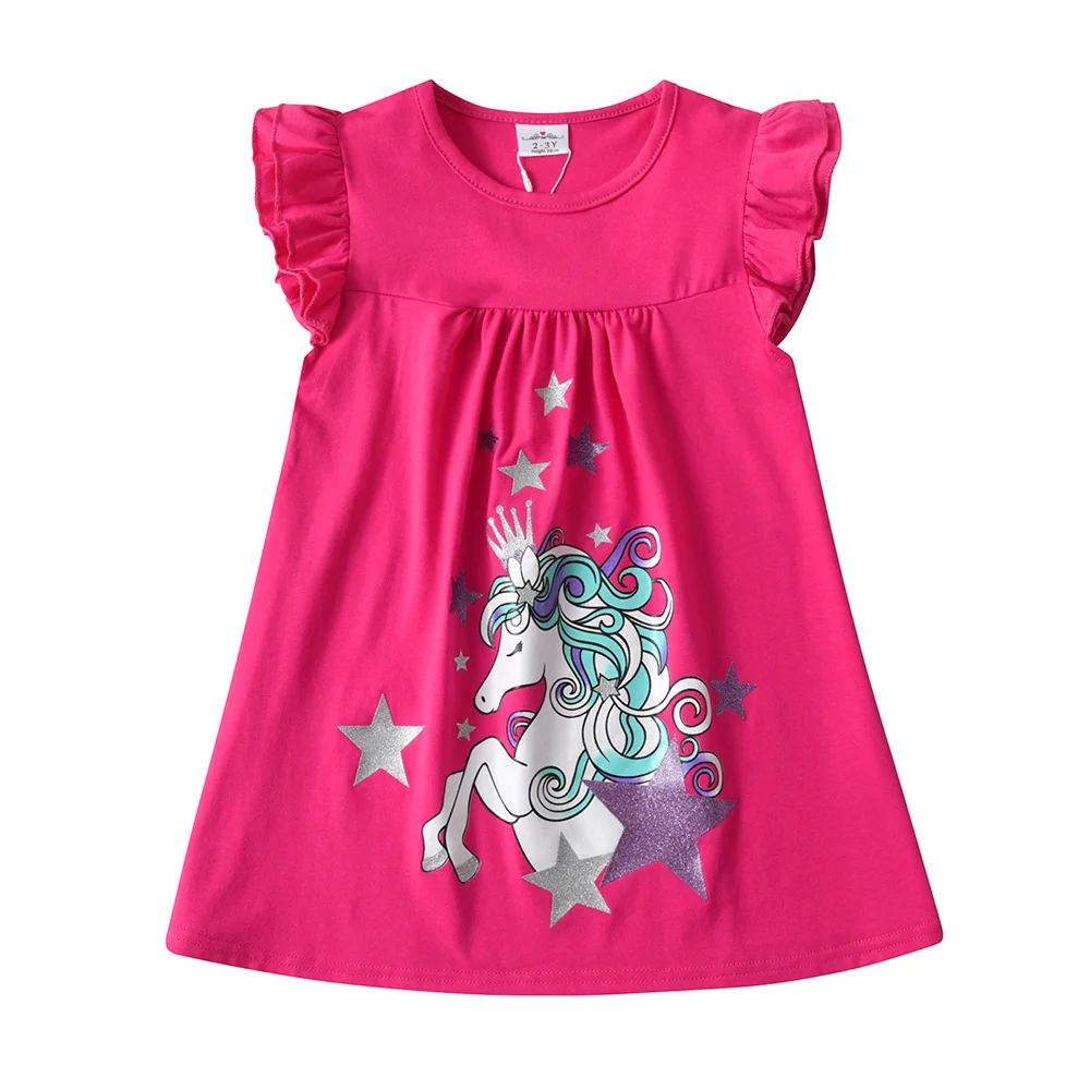 VIKITA Girls Flare Sleeve Summer Cotton Casual Straight Dress Kids Glittery Silver Licorne Star Pink Princess Vestidos 3-12 Yrs