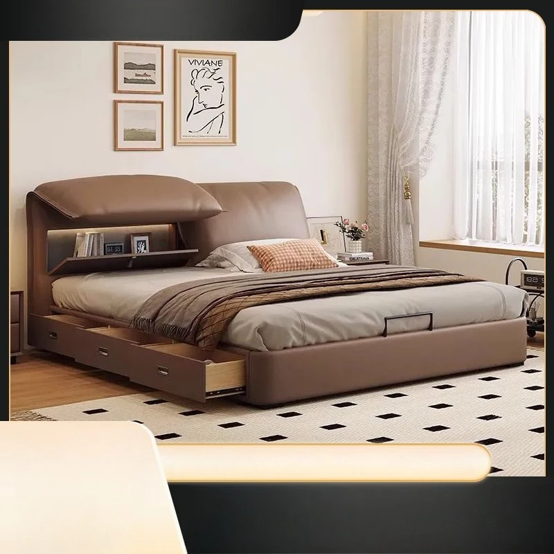 

Первый слой воловьей кожи с ушками слона, итальянская главная спальня, современная простая свадебная кровать, двуспальная высококачественная кровать для хранения воздуха