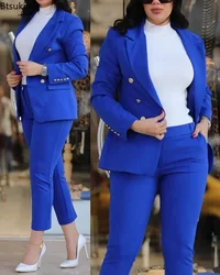 Neue 2025 Formale Büro Hose Sets Frauen 2PCS Zweireiher Solide Blazer Jacke und Hosen Zwei Stücke Set Weibliche Hose anzüge Sets