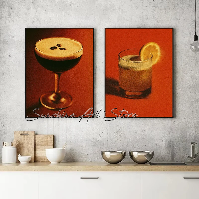Vinyl Record Whiskey Sour Espresso Martini Cowgirl Boot Warm Tones Orange Retro Poster Canvas Painting Wall Pictures Home Decor