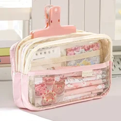 Bolsa de lápices transparente de gran capacidad, estuche de lápices de PVC rosa con cremallera, soporte de papelería, suministros escolares para estudiantes