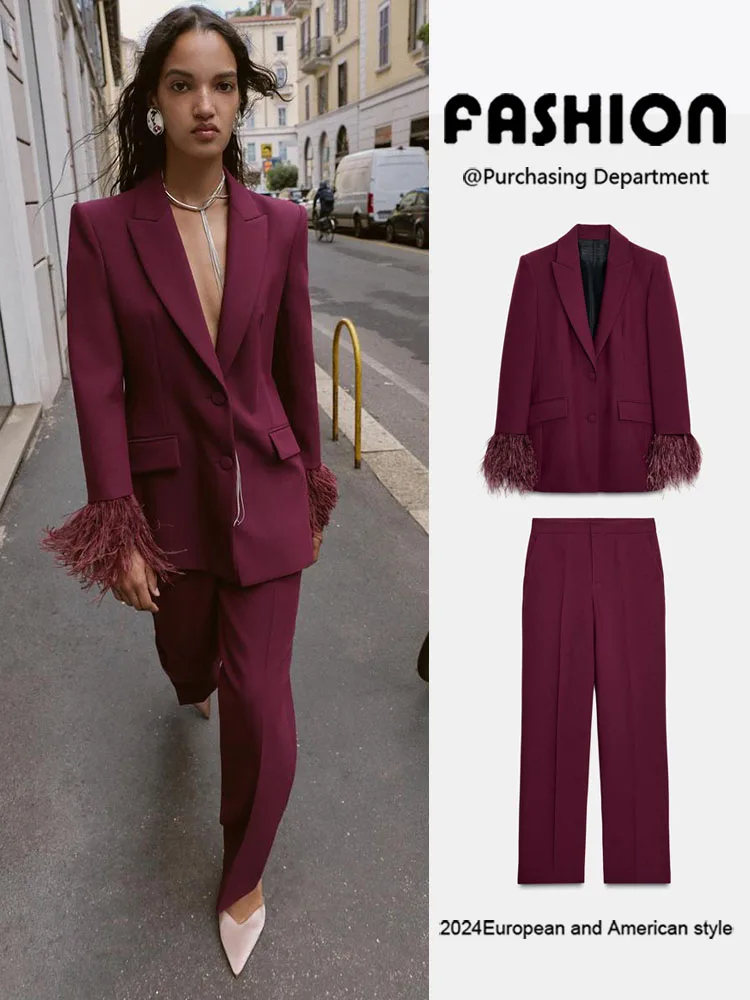 

Зима 2024, новый женский костюм с манжетами и перьями, дэт, прямые брюки с высокой талией, этнический сценический костюм, женская одежда с высокой модой