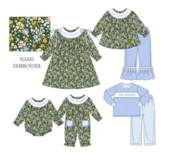 Ropa Girl And Baby Boy New Cotton Customizable Name Styles Blue Lattice Pants Romper Sets Green Floral Printing Clothes With Bow