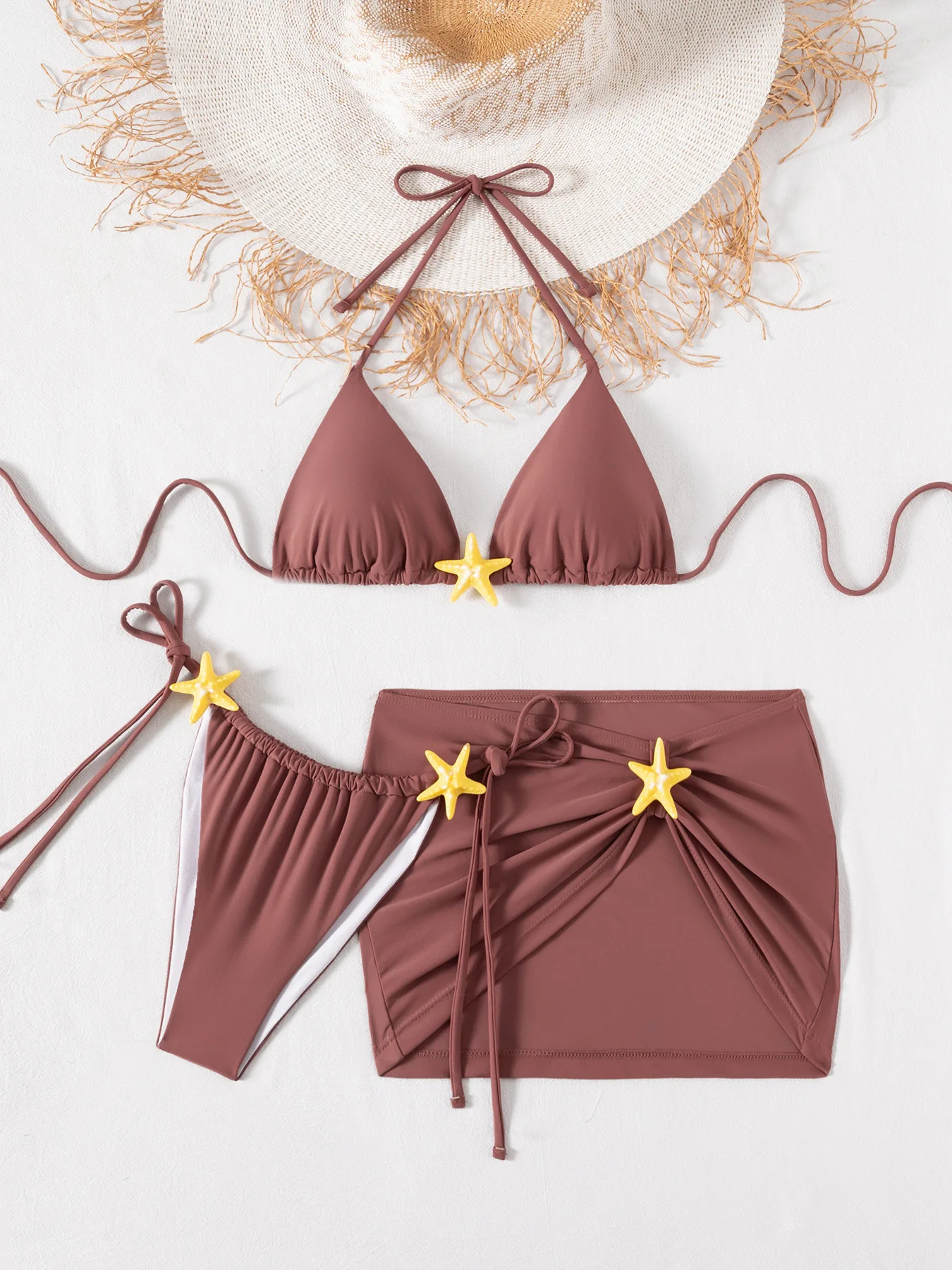 sexy starfish plain bikinis sets 3pcs with ruffles mini skirt swimwear bathing suit beach outfits swimsuits biquini tankini
