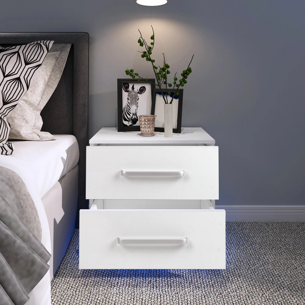 

Modern Stylish 2 Drawers Bedside Cabinet with LED Blue Light High Gloss Front Panel for Bedroom LED Bedside Table Home Furniture