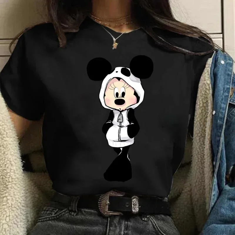 Kawaii Fashion Mickey Minnie Mouse T-shirt Odzież damska 2024 Letnia koszulka z krótkim rękawem Harajuku Casual Y2k Odzież Tops