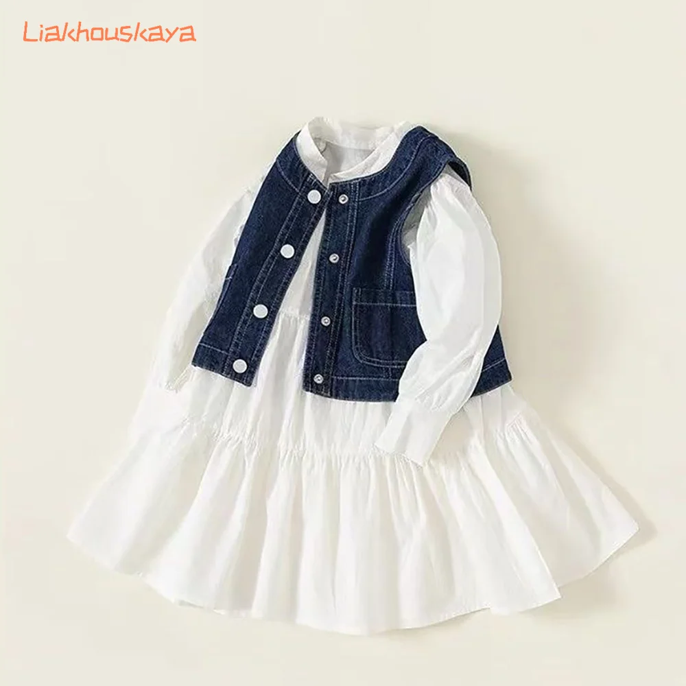 2025 New Kids Girls Clothing Sets Spring Autumn 2PCS Denim Vest Shirt Dress Korean Style Fashion Casual Outfits for Toddler Girl