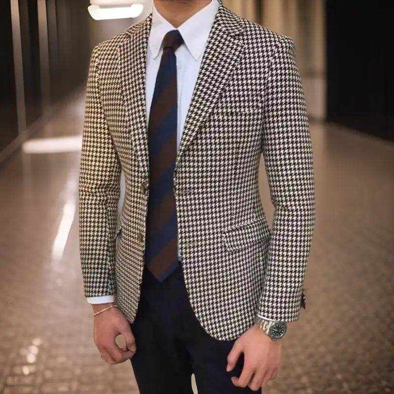 Plaid Men Suit Jacket for Business 1 Piece Check Houndstooth Male Blazer Notch Lapel American Style Wedding Suit Ready to Ship