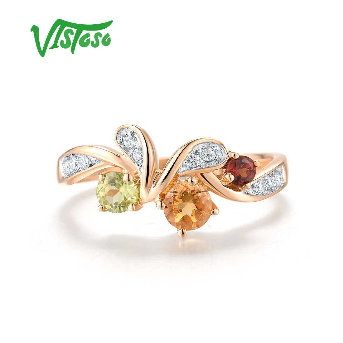 VISTOSO Real 14K 585 Rose Gold Ring For Women Sparkling Diamond Citrine Garnet Wedding Party Gifts Stylish Fine Jewelry