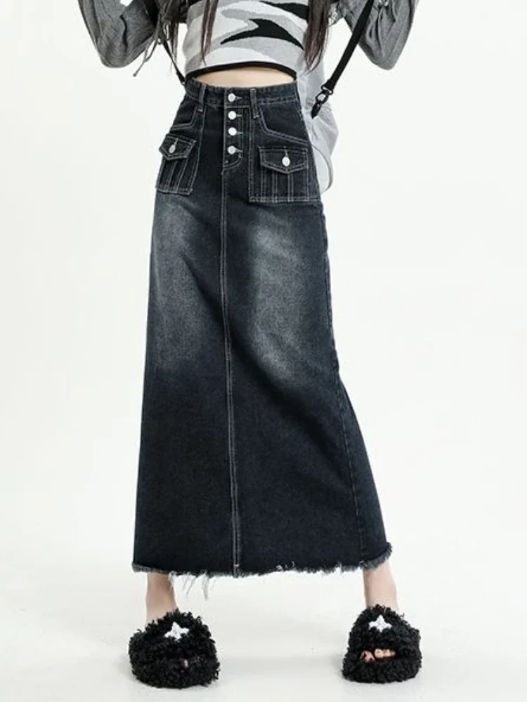 A-line Denim Skirts Women Korean Style Blue Solid Vintage Maxi Casual All-match Elegant Streetwear Design Tassel High Waist Chic