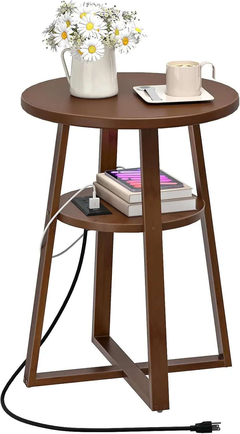 

Round Side Table with Charging Station, Round Accent End Table with Bamboo Legs for Living Room, Bedroom, Brown, BR101UBZ01