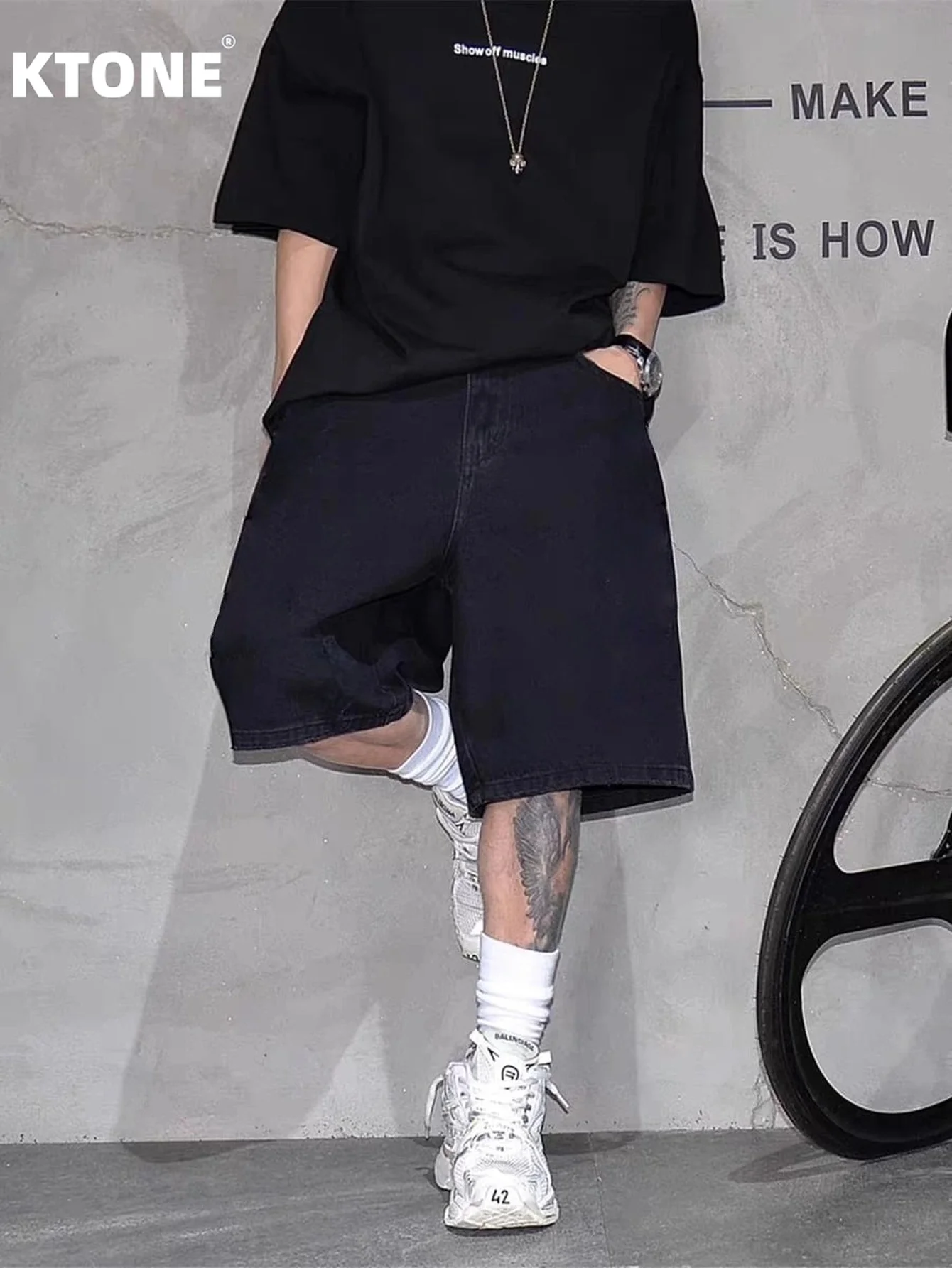 

Classic solid black non stretch denim jorts men loose casual fit daily fashion comfortable denim short pants