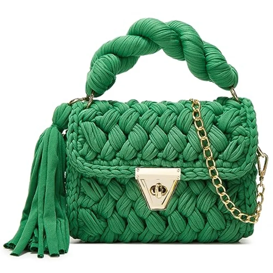 Chunky Yarn Knit Crochet Tote Purse Crossbody Bags for Women - Handwoven Evening Clutch Flap Shoulder Bag