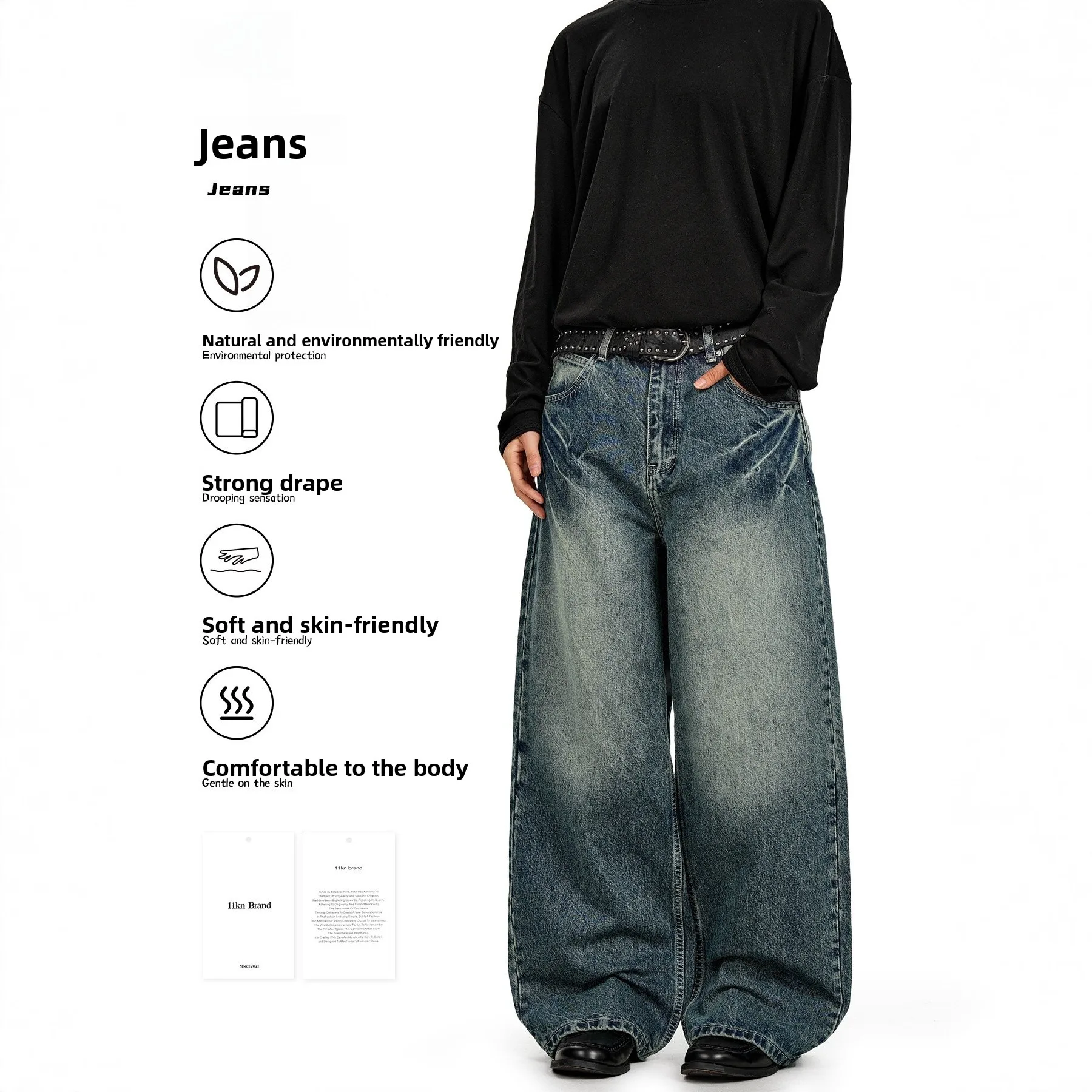 

American Retro Lightning Pattern Jeans Waed out Loose Wide Leg Long Pants Straight Cut Casual Cotton Trousers for Youth