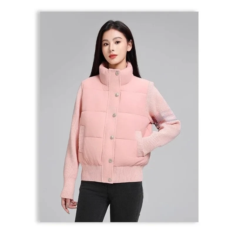 Women's Winter Tops Jacket Cotton Coat Pure Color Knitting Splicing Standing Collar Warm Thickened Vintage New Niche Versatile