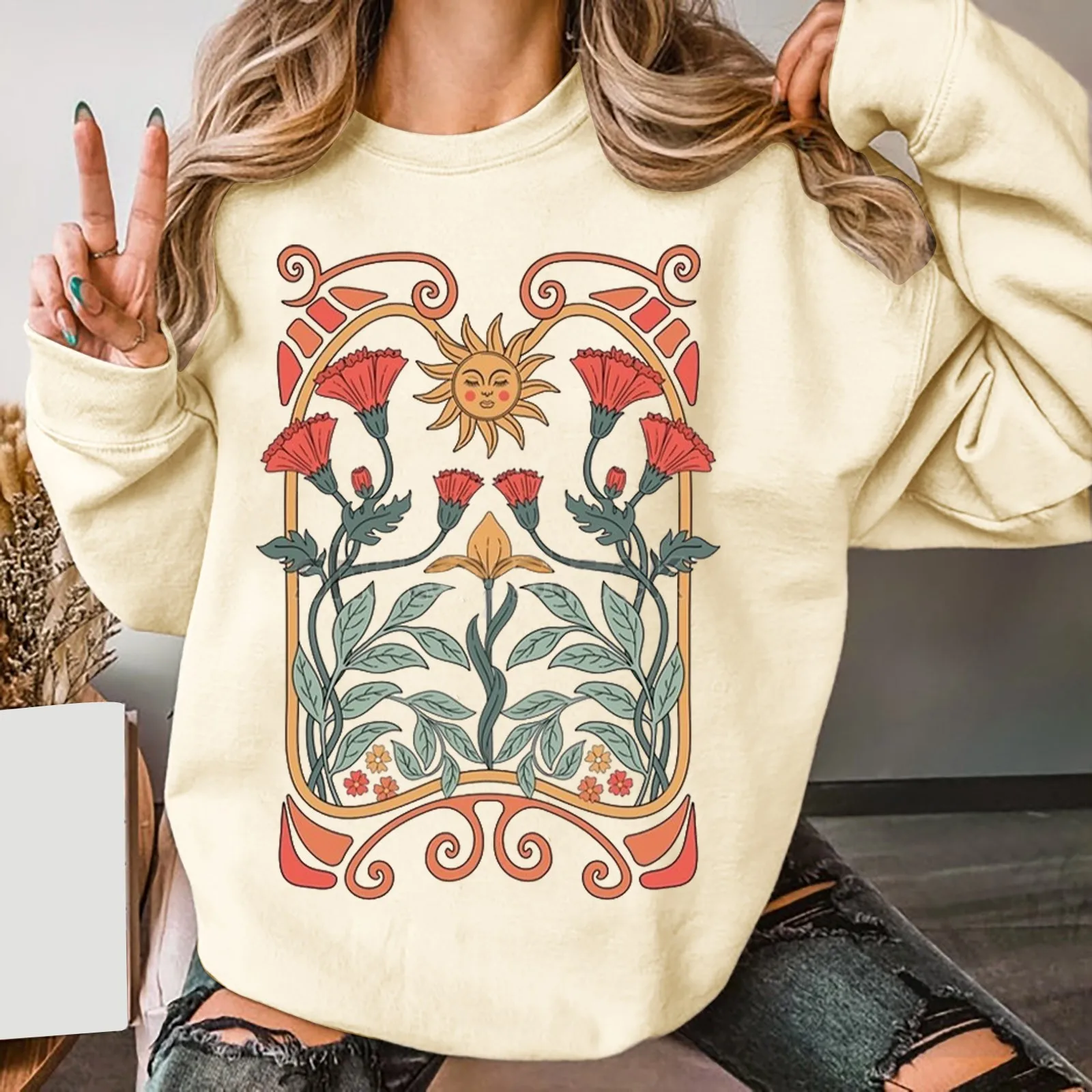 

Bohemian Floral Sweatshirt Art Nouveau Unisex Sun & Moon Ladies Retro Minimalist Hoodless Hoodie Jacket Women with Hoodie