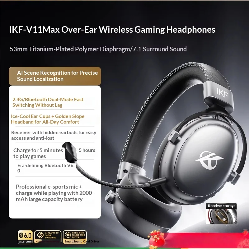 

Ikf V11 Max Wireless Gaming Headset 53mm Driver 7.1 Surround 2.4g Bluetooth Dual Mode 2000mah Battery Ice Earmuffs Ai Scene Gift