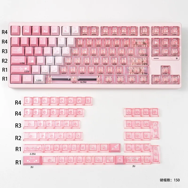 

150 keys Gradient Pink Keycaps Cherry Profile Dye-Sublimation Transparent Keycap Crystal Clear Keycap For MX Mechanical Keyboard