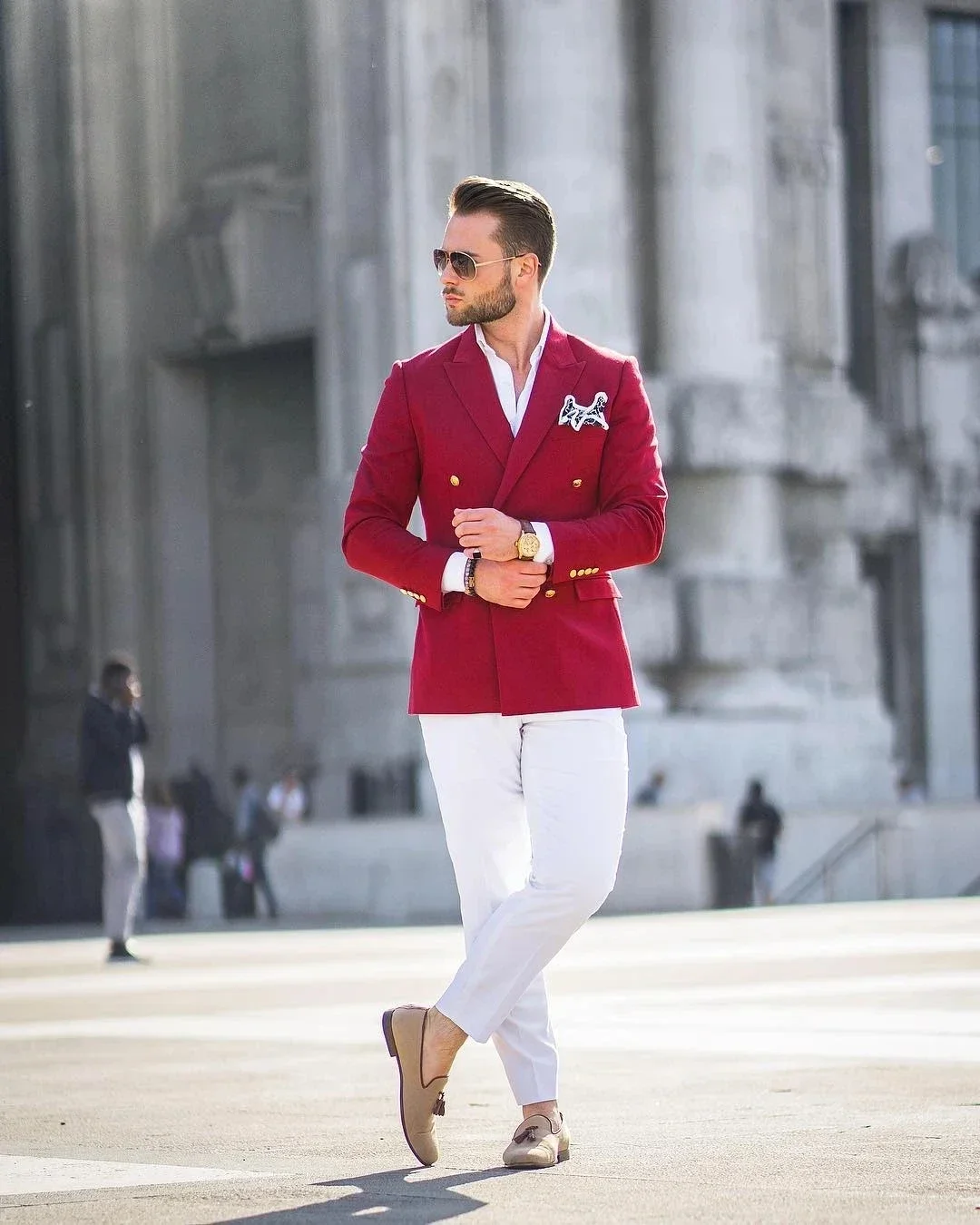 Blazer décontracté à double boutonnage pour hommes, veste rouge, pantalon blanc, zones de blazer ajustées, rue haute, haute qualité, ensemble 2 pièces personnalisé, mode