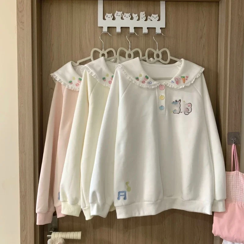 

Японский свитшот в стиле Y2K, милый и очаровательный, с вышитым воротником Питер Пэн, повседневный свитшот в стиле Харадзюку с разноцветными пуговицами.