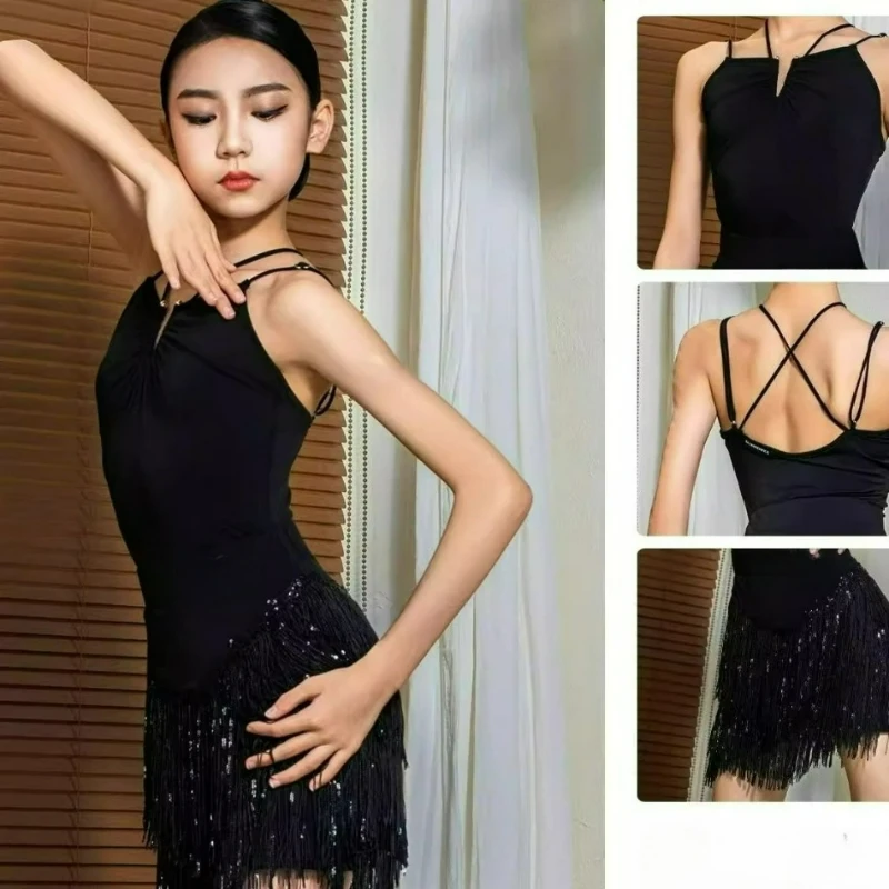 الأطفال اللاتينية الرقص هامش اللباس مجموعة للفتيات عبرت الظهر شرابة Dancewear تشا تشا سامبا الجاز المنافسة أداء زي