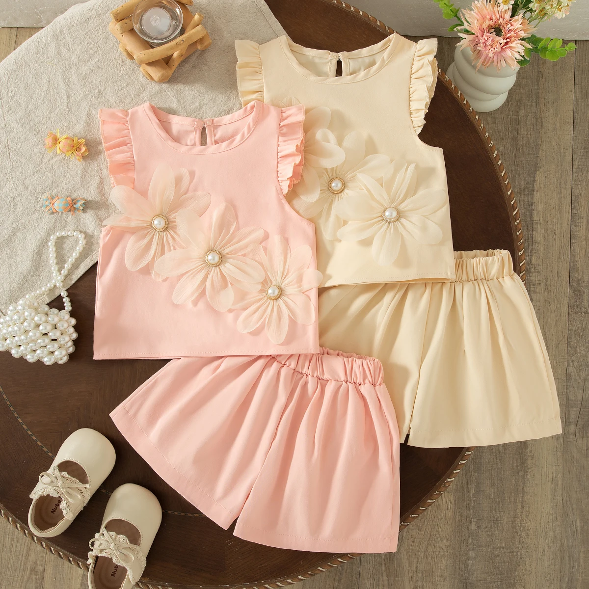 

Летний новый комплект из двух предметов для девочек: однотонный, с милым цветочным принтом (для детей от 6 месяцев до 4 лет)