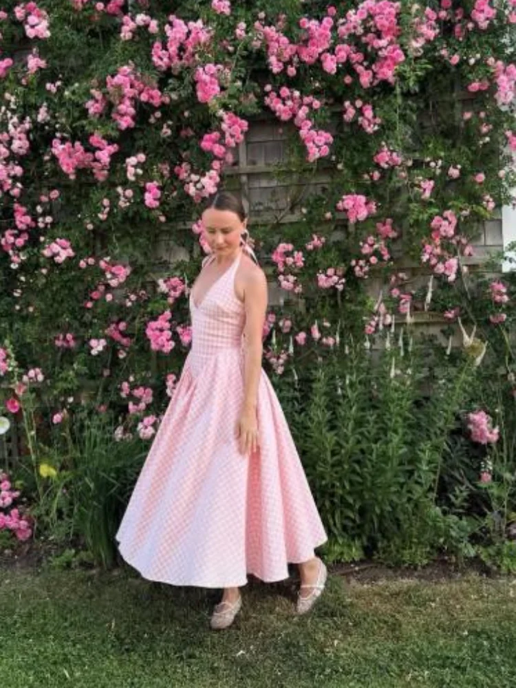 Vestido Midi Halter Chic de Cuadros Vichy para Mujer, Retro, Rosa Dulce, Cuello en V, Espalda Abierta, Corte A, Túnica 2026, Vestido Casual Vintage para Fiesta de Verano