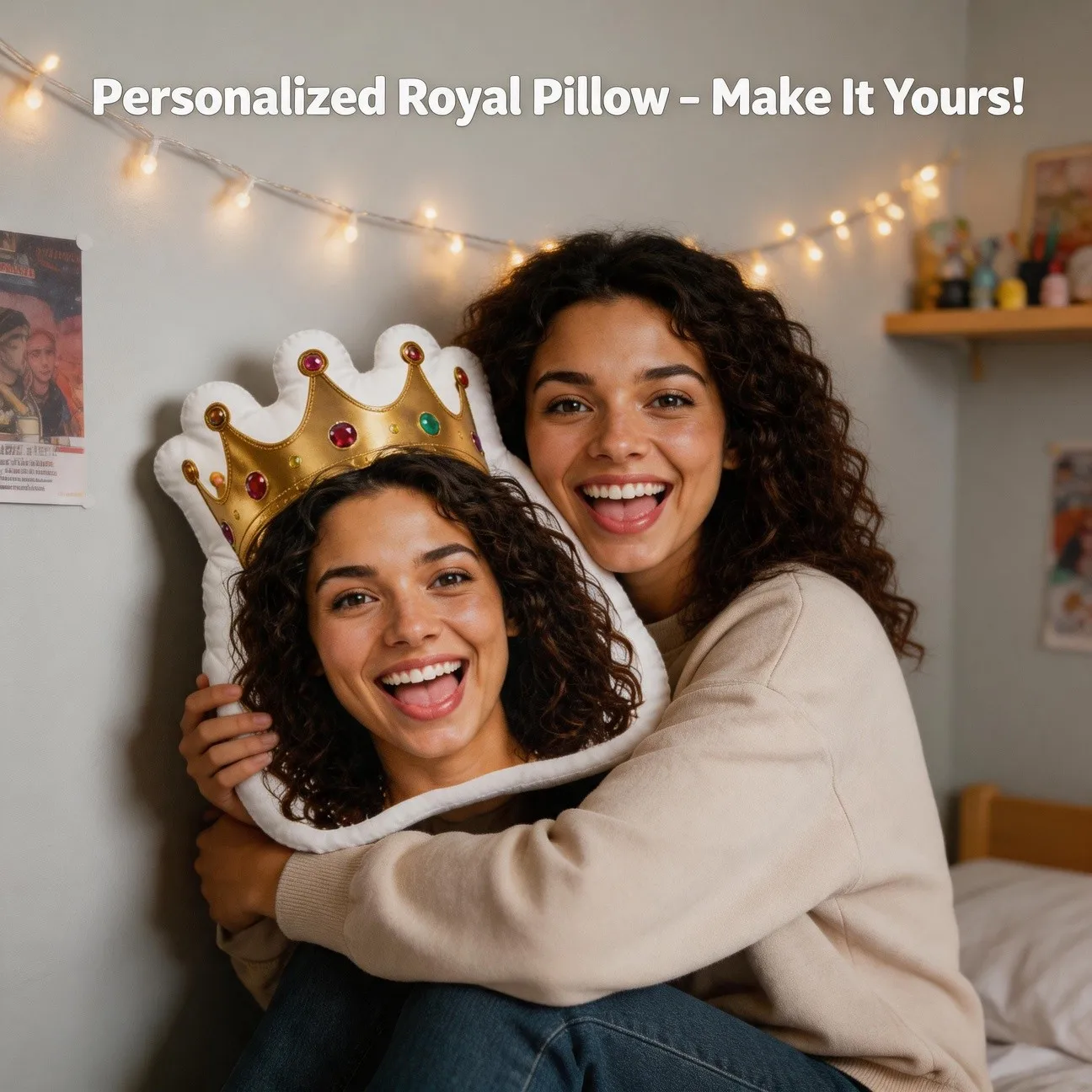 Personalized Photo Face Pillow with Your Own Picture & Golden Crown - Custom Face Shaped Cushion Suitable for Sofa, Bed, Decor -